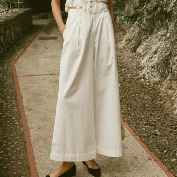Doen Hilaire Cotton High Waist Wide Leg Cuff Palazzo Pants Trousers Salt White - Picture 1 of 14